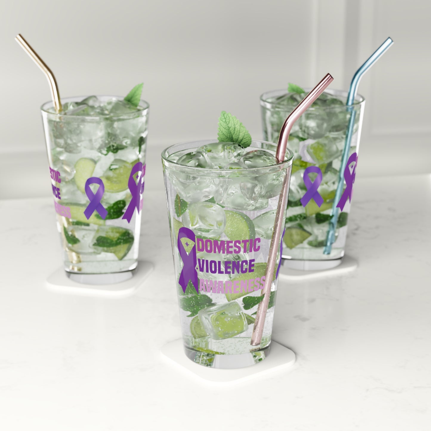Domestic Violence Awareness pint glass with bold lettering and advocacy message