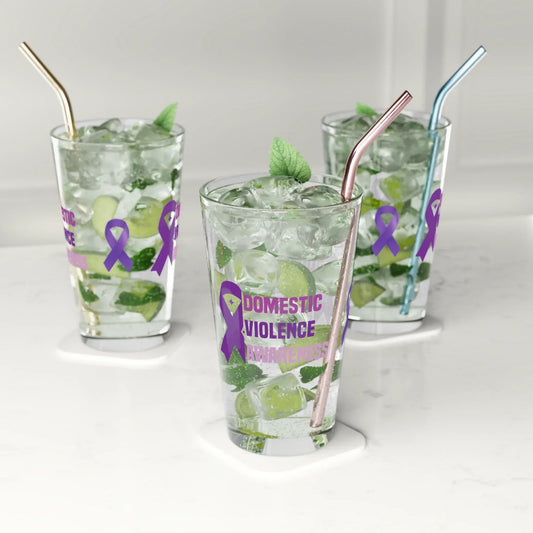 Shop our premium domestic violence awareness pint glass 16oz from MySisterIsASurvivor.