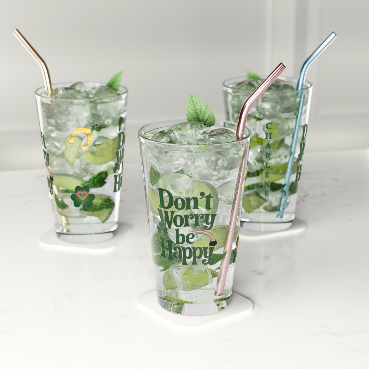 Don't Worry Be Happy: Personalized St. Patrick's Day Pint Glass - Customizable Name for Happiness and Positivity