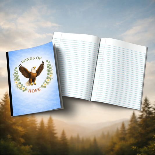 Shop our inspirational eagle flight eagle themed composition notebook featuring the Black style option from MySisterIsASurvivor.