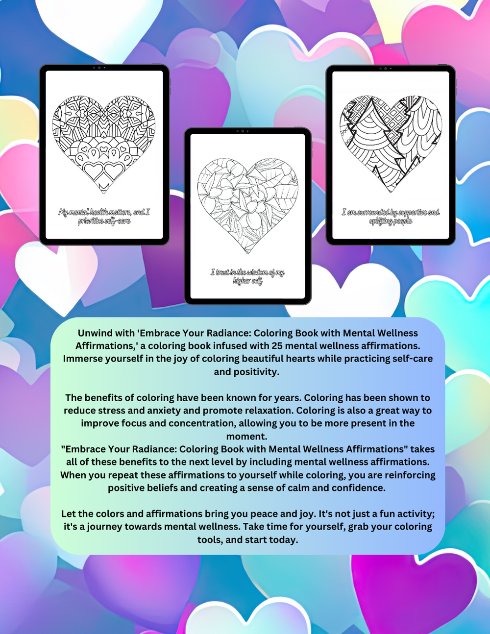 Mental wellness coloring book with affirmations and peaceful designs