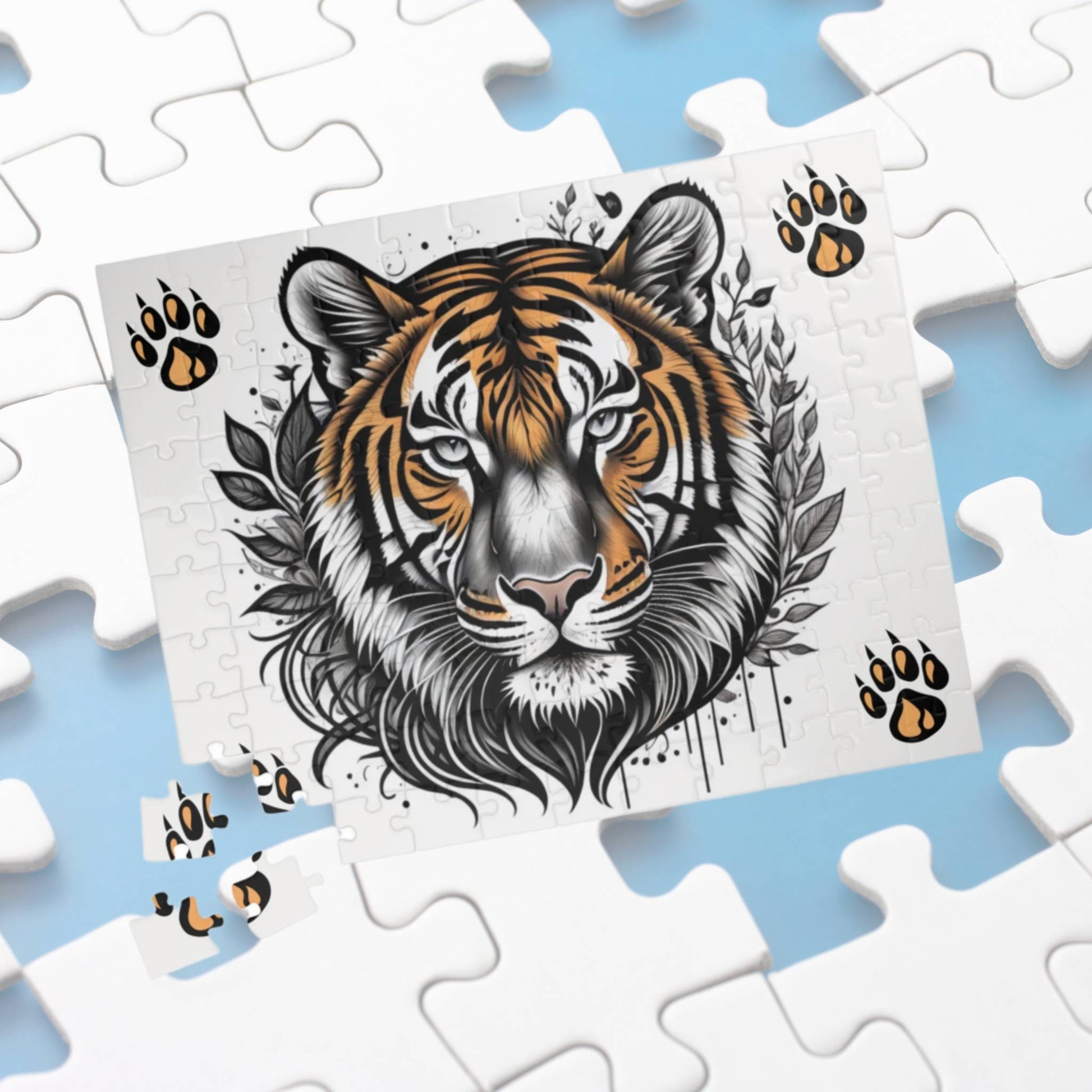 Artistic tiger image symbolizing motivation and strength, printed on a puzzle designed for focus and creative relaxation