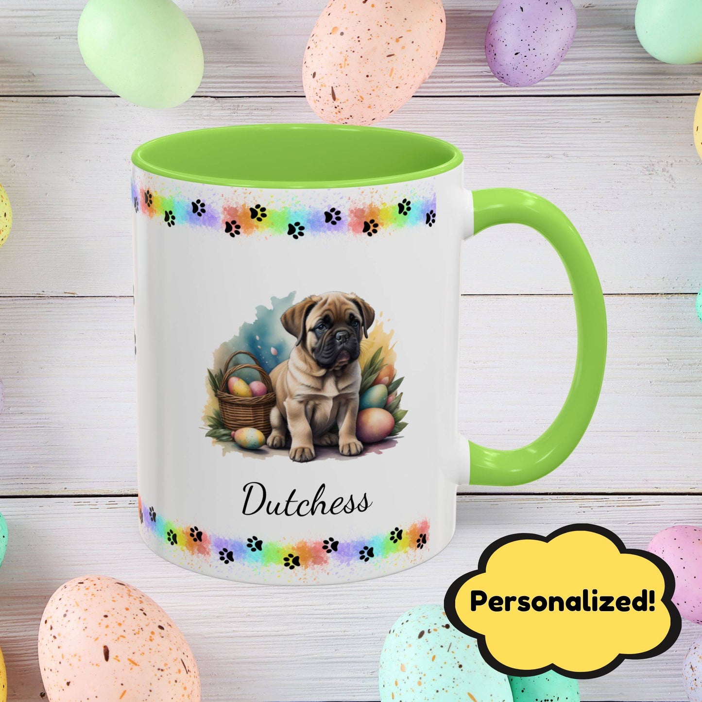English Mastiff Easter puppy coffee mug, personalized cute dog gift for mental health support, perfect for coffee or tea