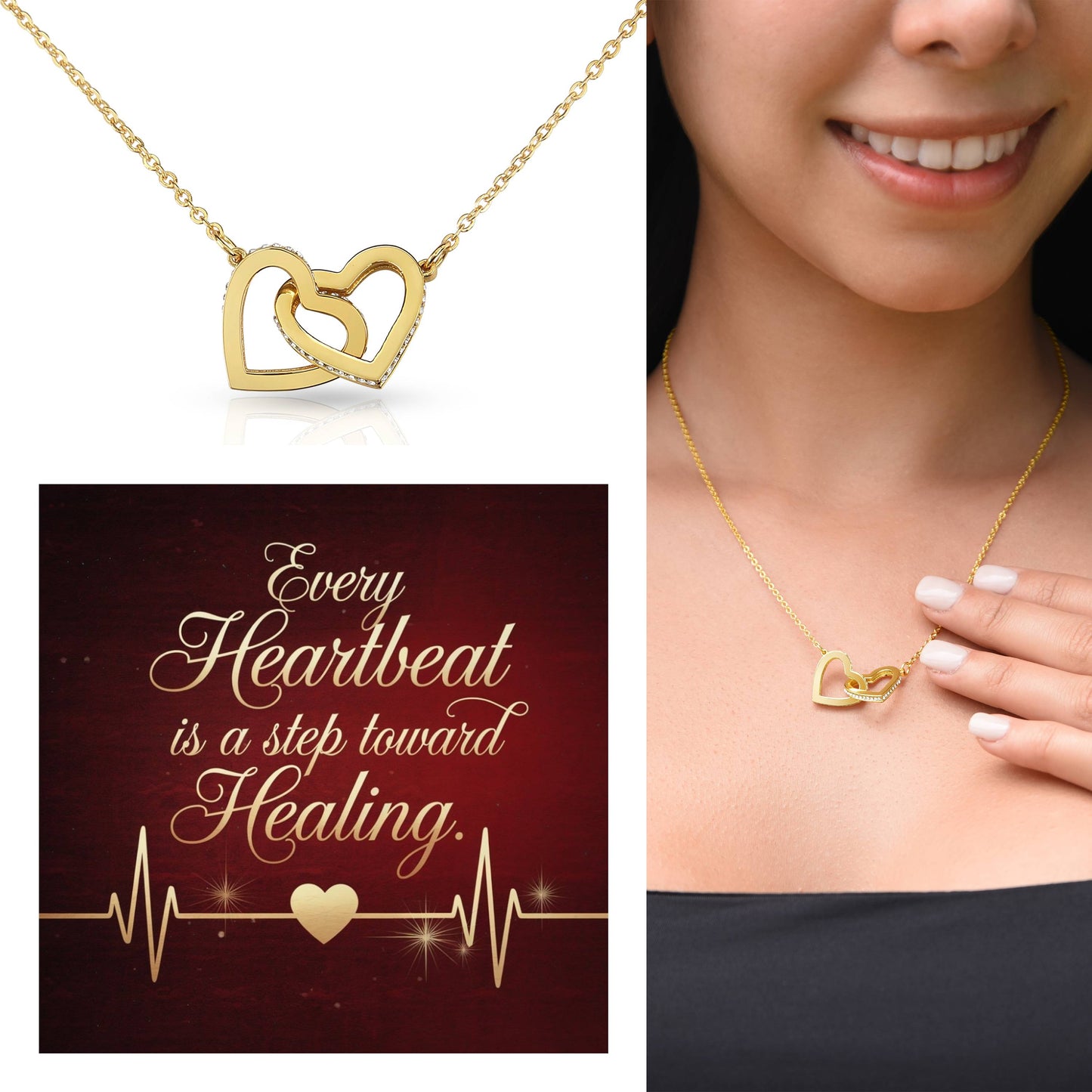 Every Heartbeat Is A Step Towards Healing: Interlocking Hearts Necklace - Mental Health Gift, Self-Love, Anxiety, PTSD Support