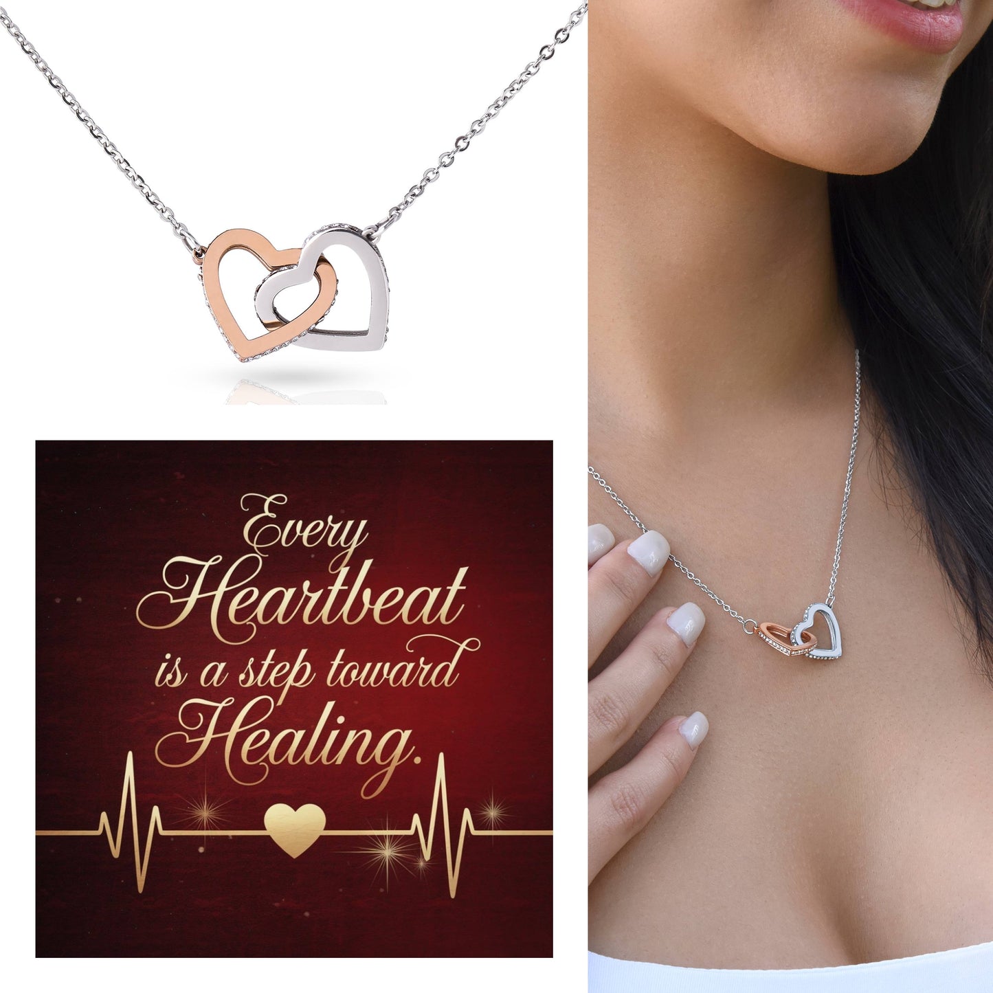 Every Heartbeat Is A Step Towards Healing: Interlocking Hearts Necklace - Mental Health Gift, Self-Love, Anxiety, PTSD Support