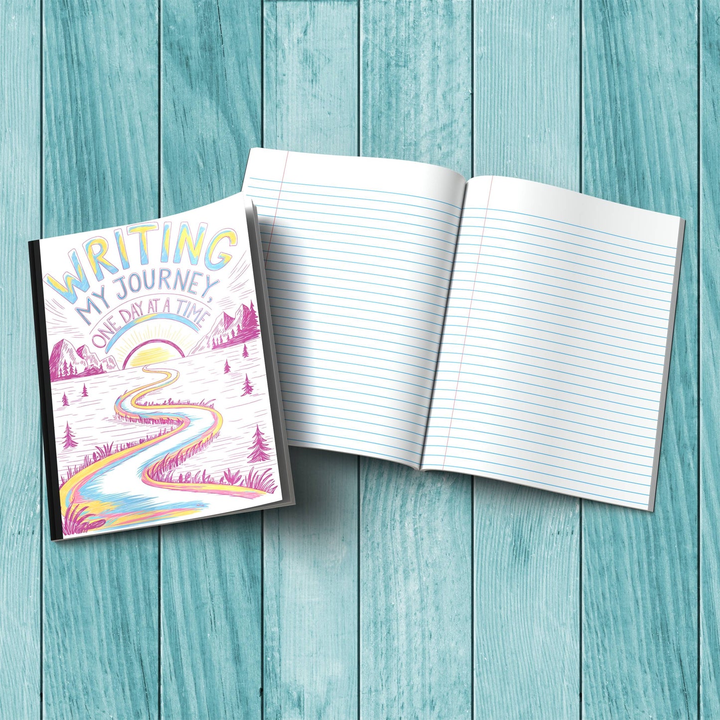 Sturdy cardstock cover Writing My Journey One Day At A Time notebook for journaling, wellness, and mindfulness practices.