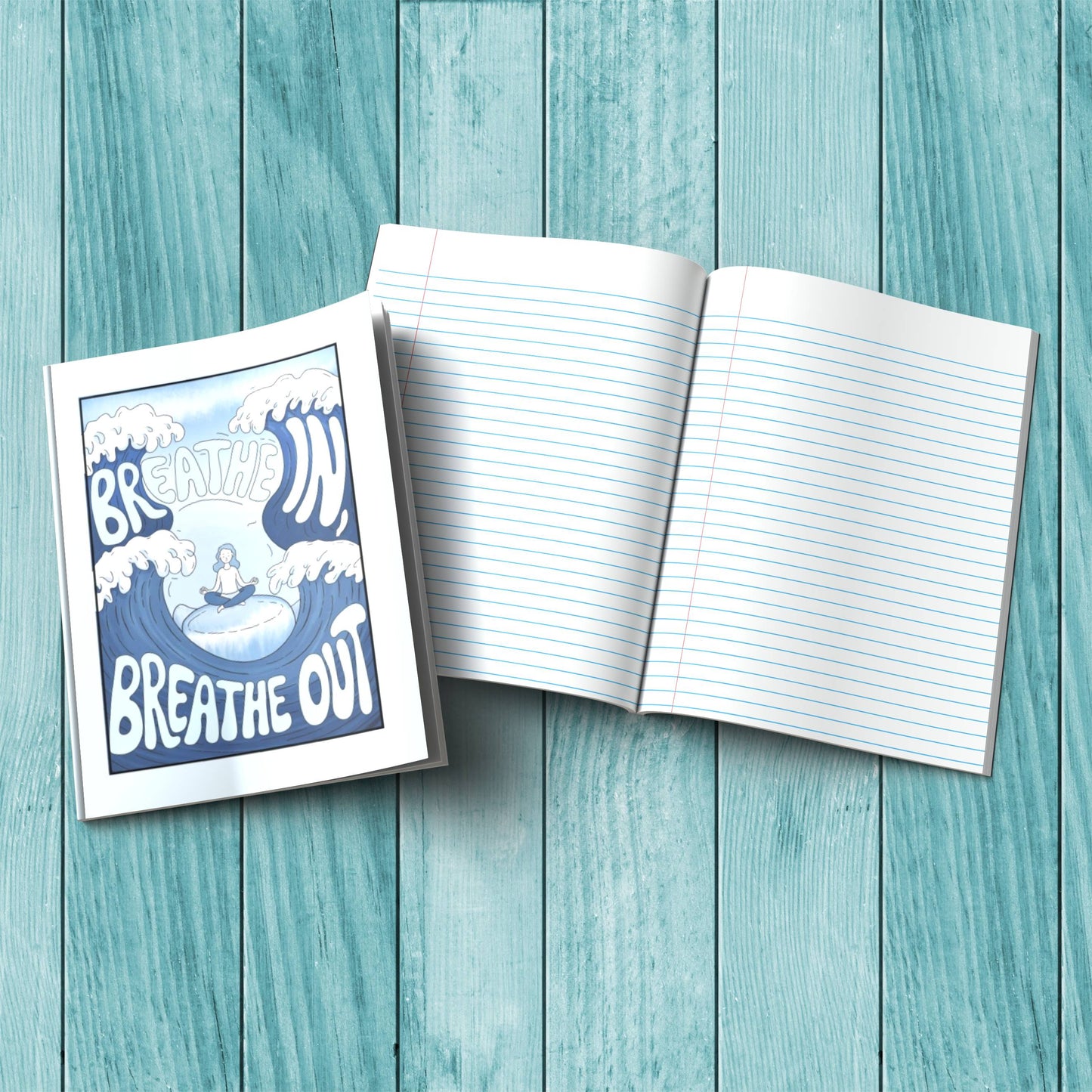 Breathe In Breathe Out composition notebook with sturdy cardstock cover, ideal for self-care journaling and mindfulness writing.