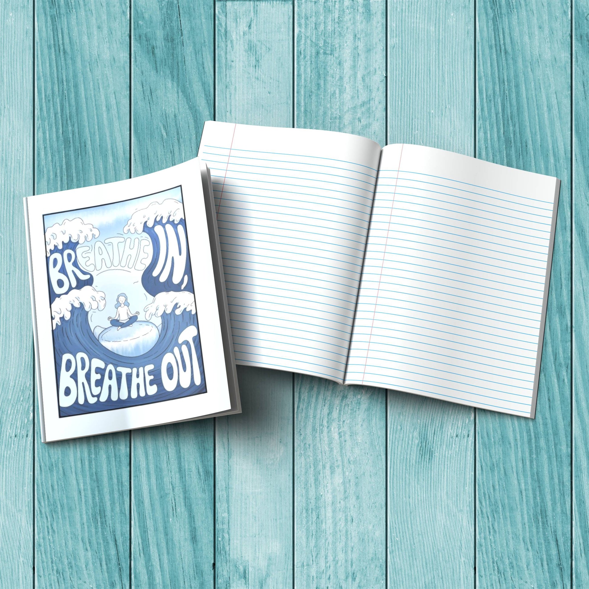 Breathe In Breathe Out composition notebook with sturdy cardstock cover, ideal for self-care journaling and mindfulness writing.