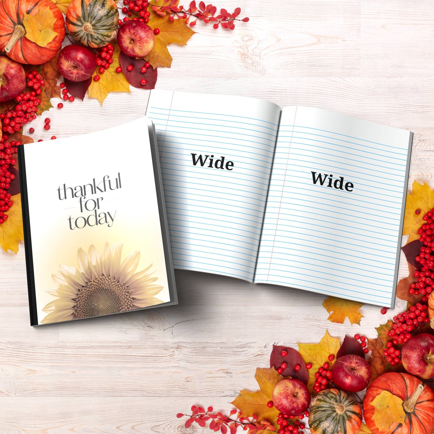 Thankful For Today paperback composition notebook for positivity, reflection, and mindful writing.