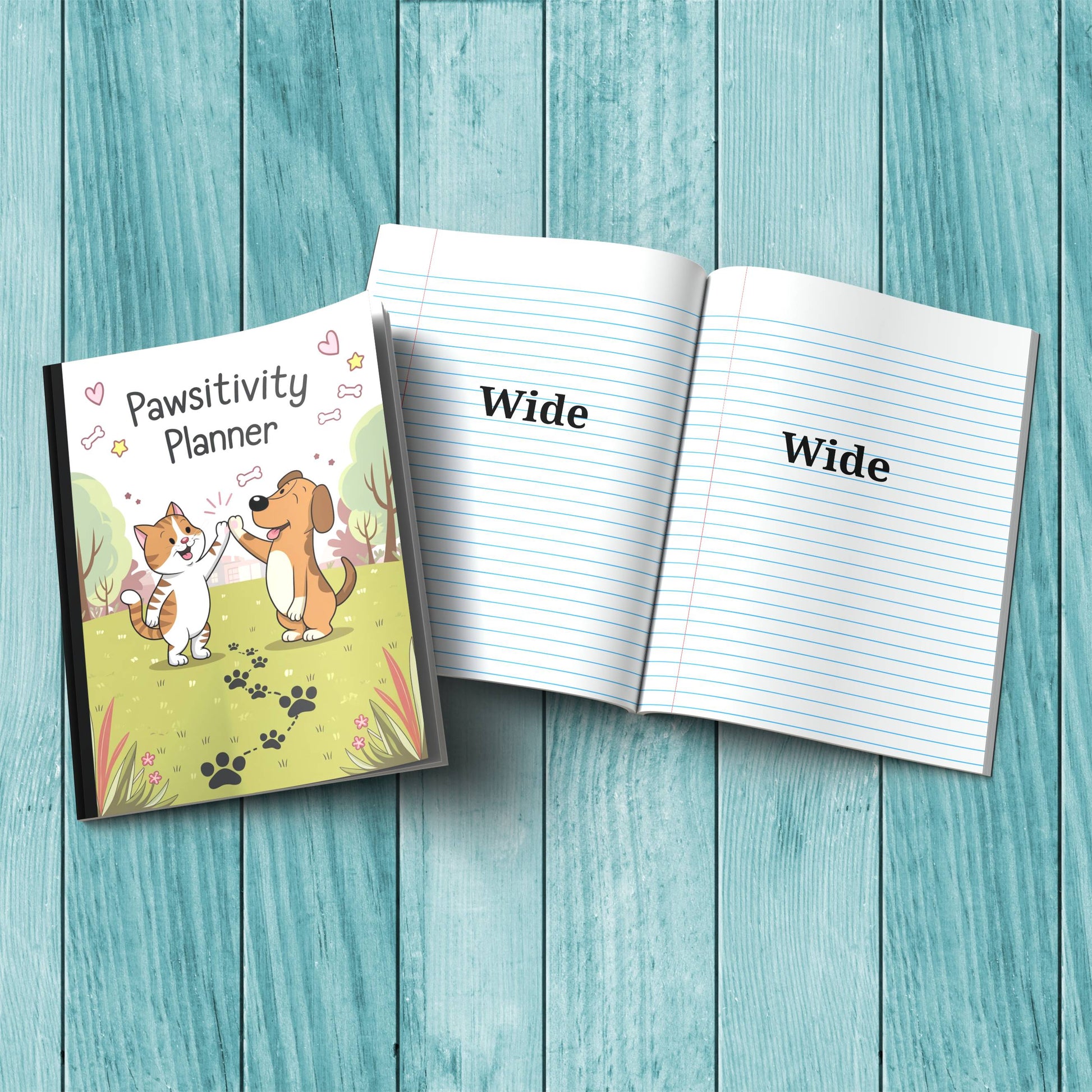 Pawsitivity Planner sturdy cardstock cover composition notebook for mindfulness and daily journaling.