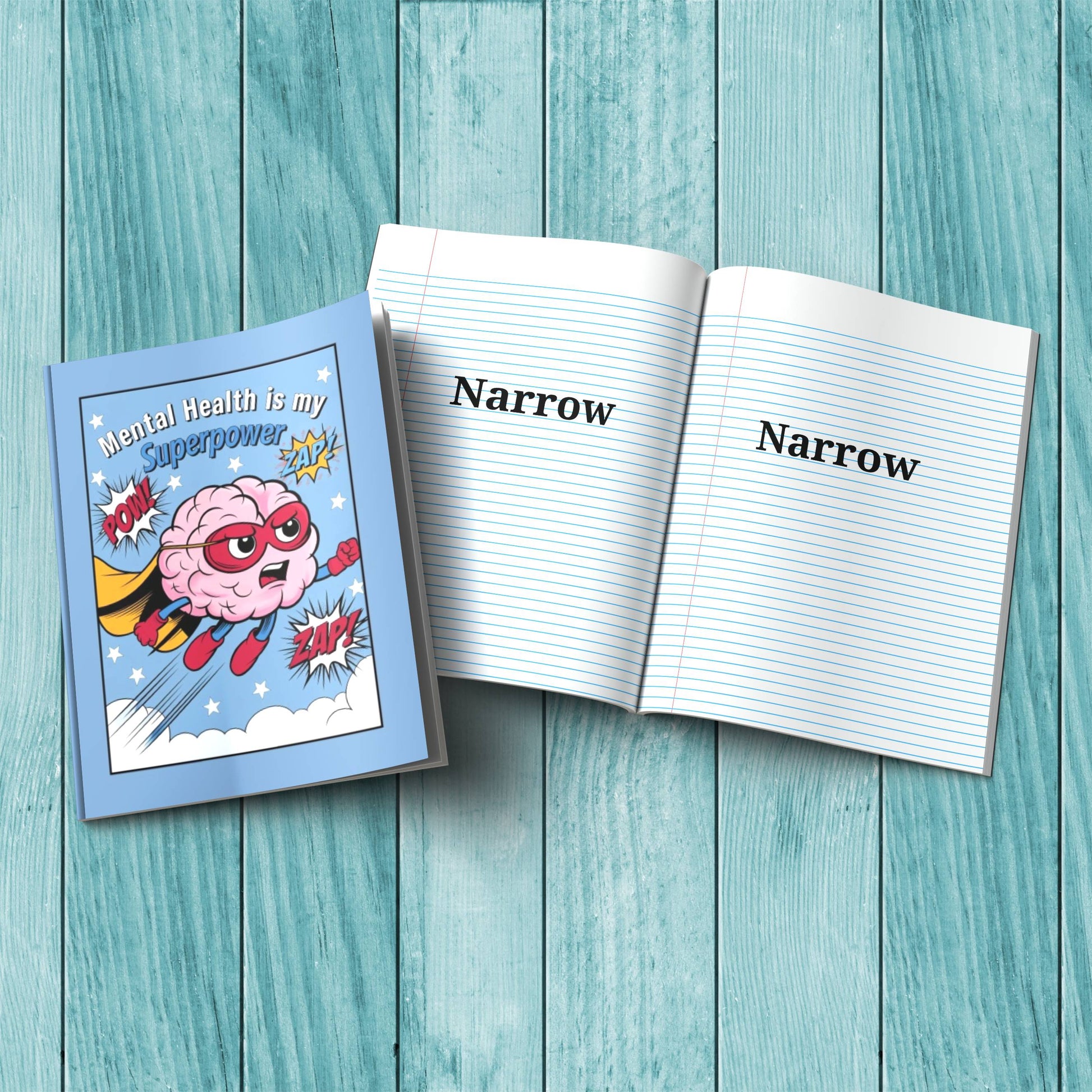 Mental Health Is My Superpower sturdy cardstock cover composition notebook for affirmations, therapy notes, and daily self-care journaling.