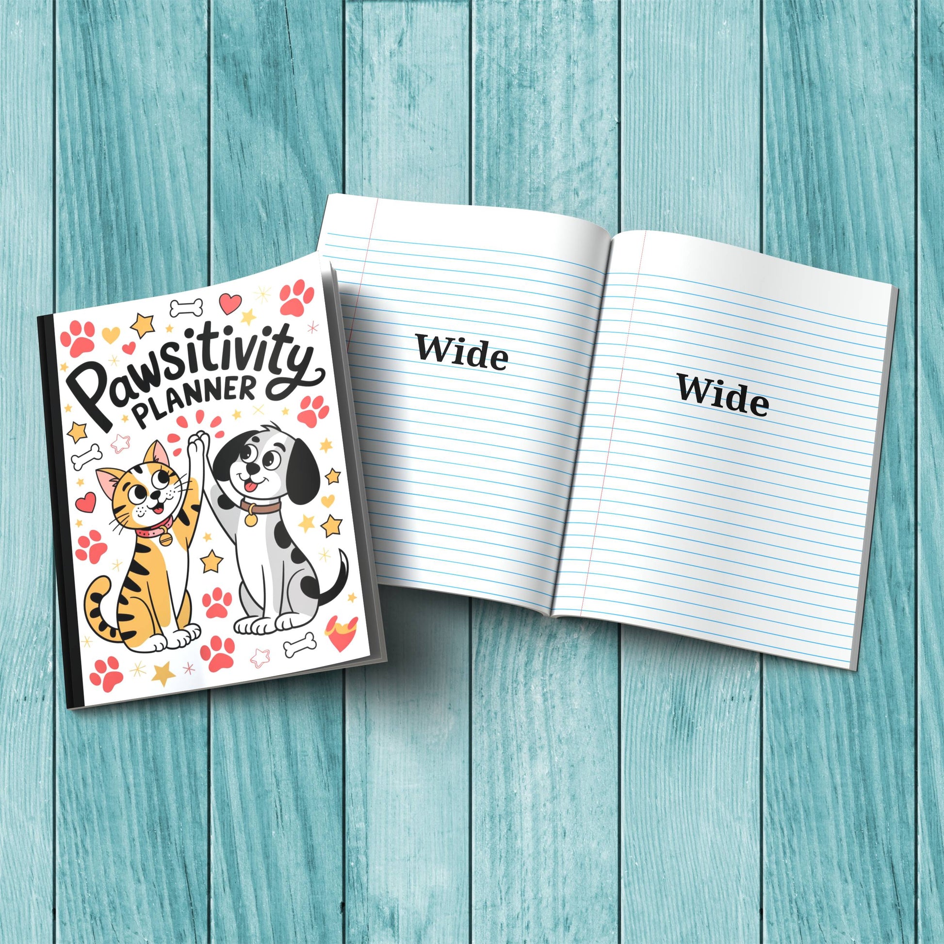 Sturdy cardstock cover Pawsitivity Planner notebook for affirmations, wellness writing, and reflections.