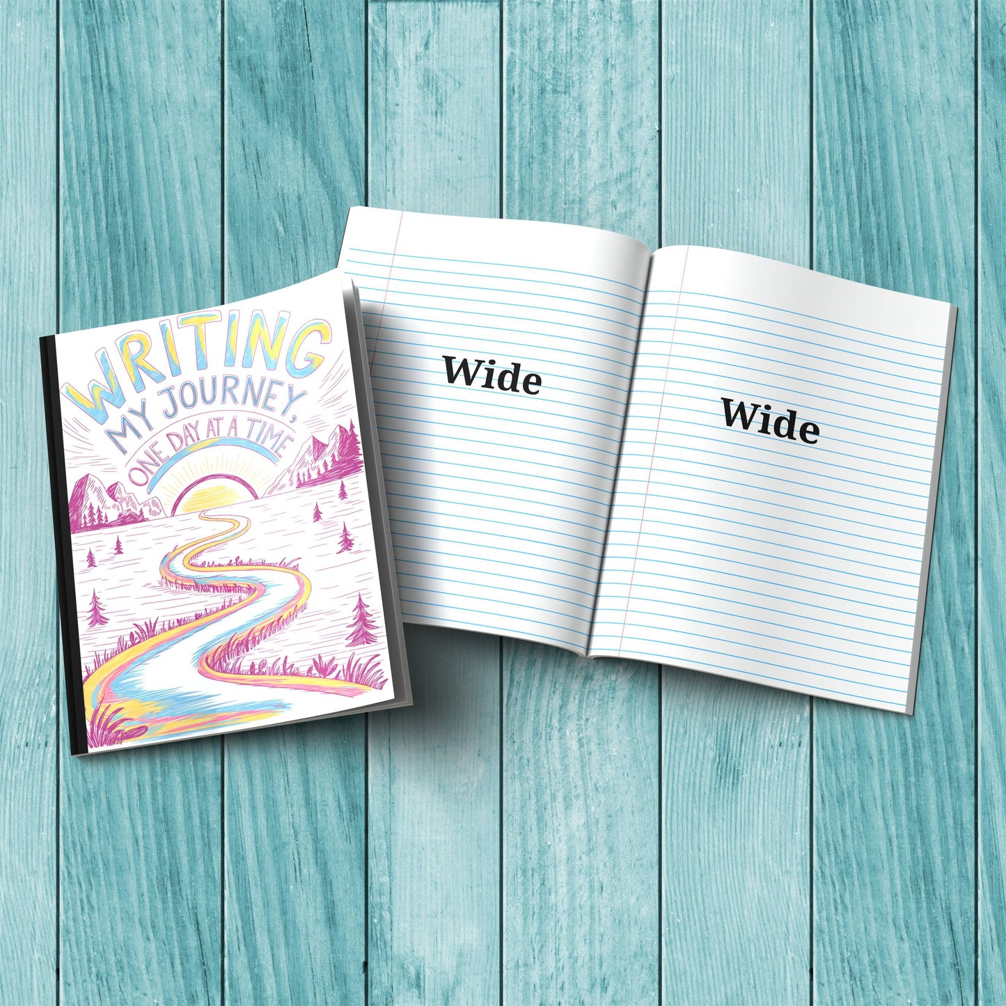 Sturdy cardstock cover Writing My Journey One Day At A Time notebook for journaling, wellness, and mindfulness practices.