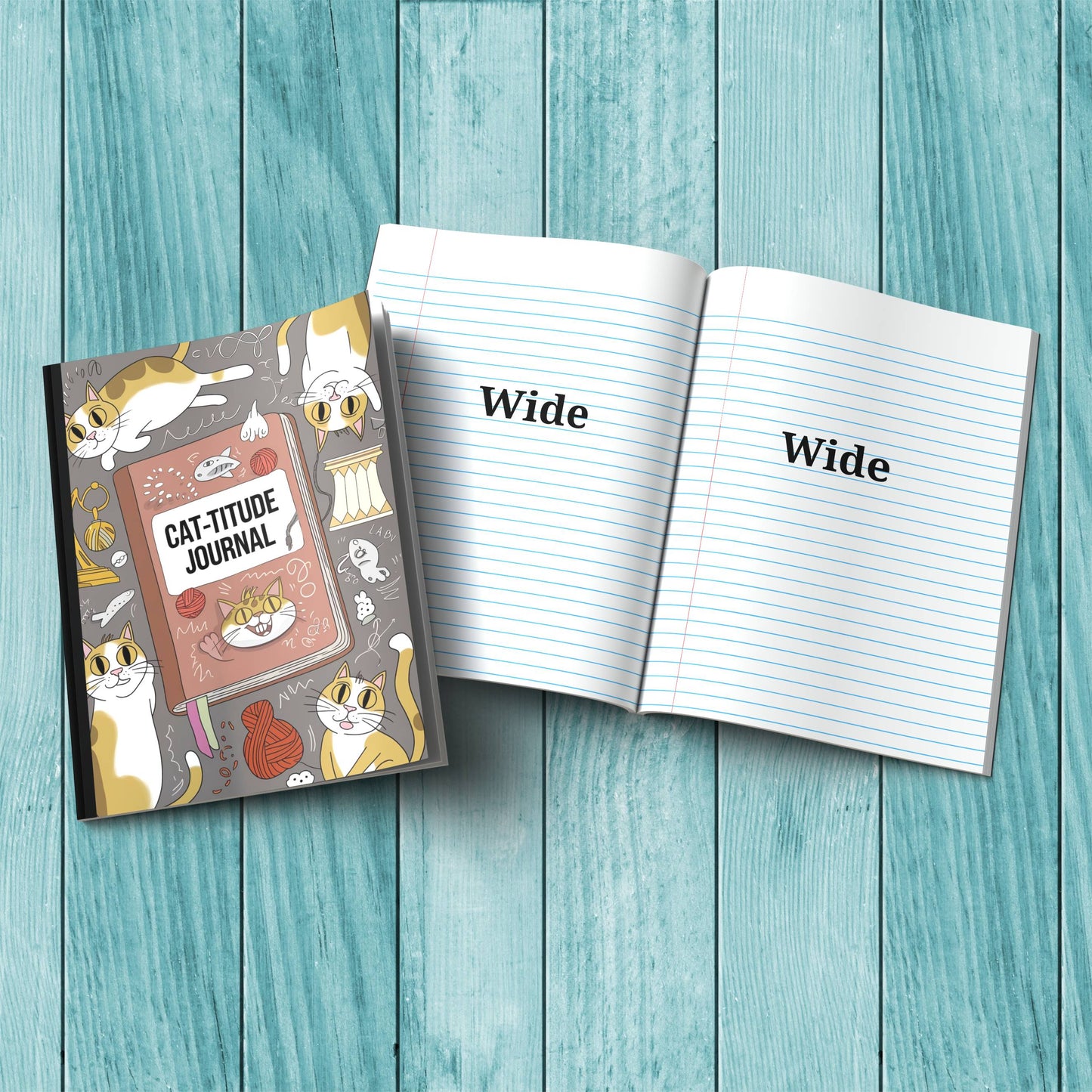 Sturdy cardstock cover Cat-titude notebook for therapy notes, affirmations, and self-care journaling.