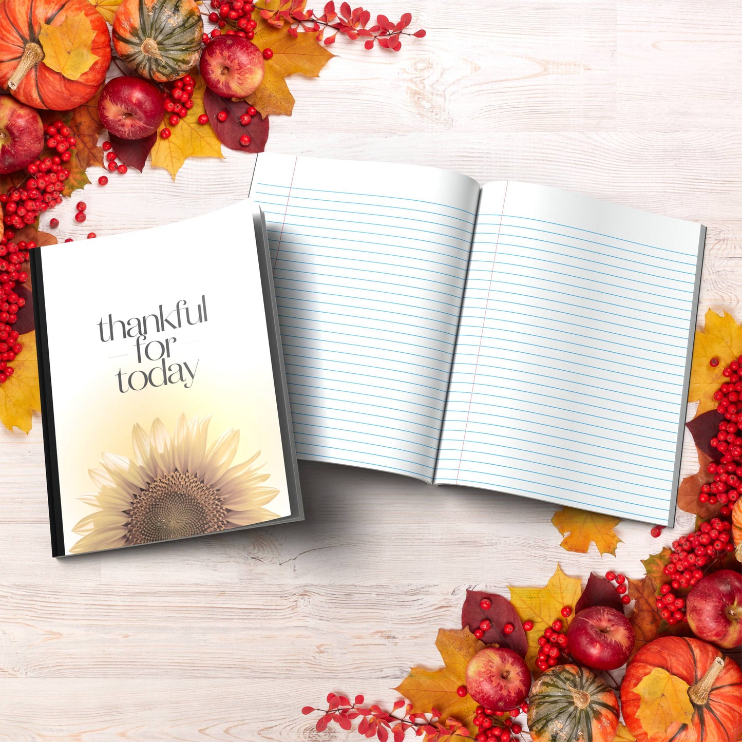 Thankful For Today paperback composition notebook for positivity, reflection, and mindful writing.