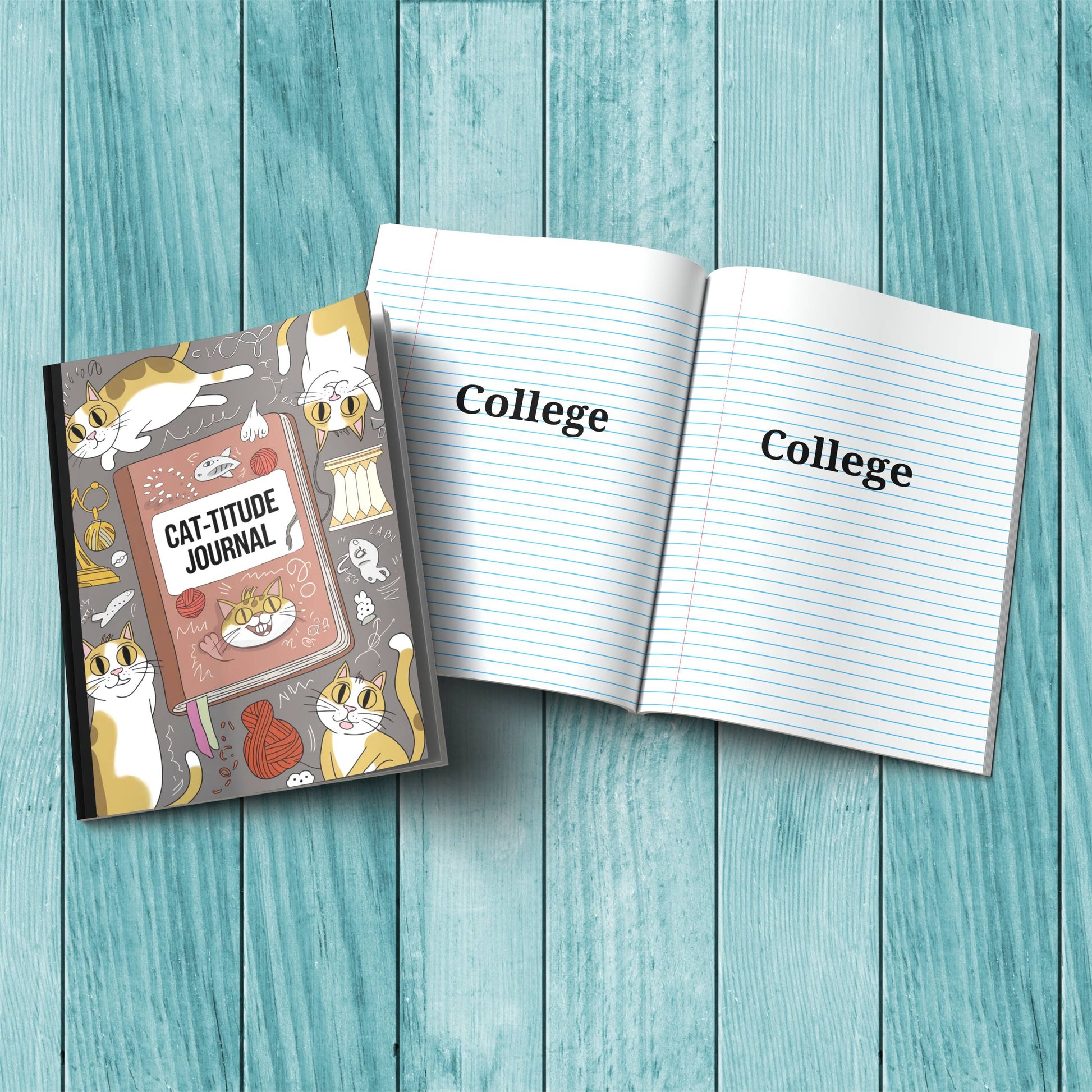 Sturdy cardstock cover Cat-titude notebook for therapy notes, affirmations, and self-care journaling.