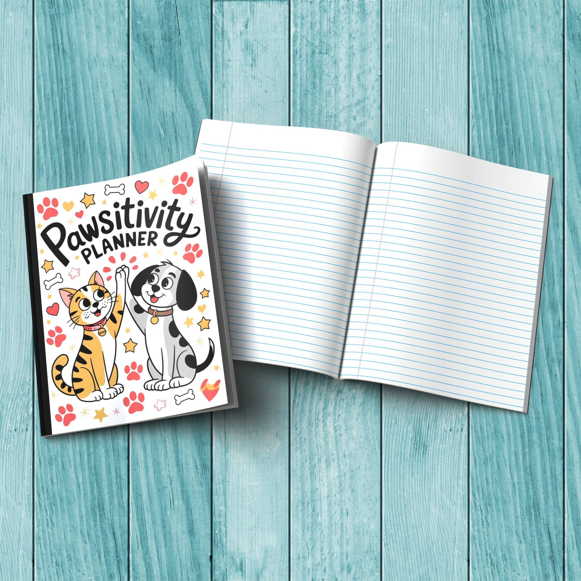 Sturdy cardstock cover Pawsitivity Planner notebook for affirmations, wellness writing, and reflections.