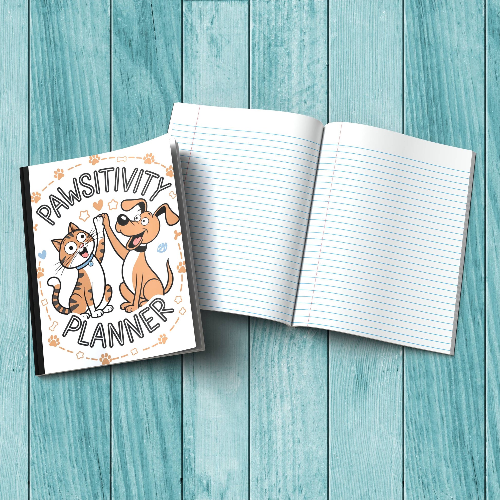 Pawsitivity Planner sturdy cardstock cover composition notebook for daily journaling and self-care writing.