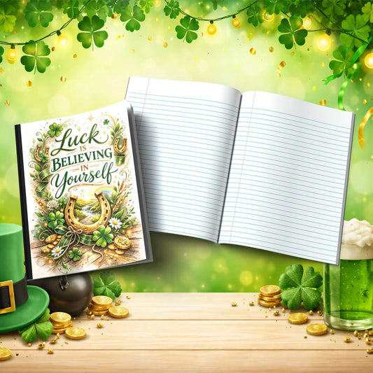Shop our luck is believing in yourself st patricks day journal featuring the Gold Lined style option from MySisterIsASurvivor.