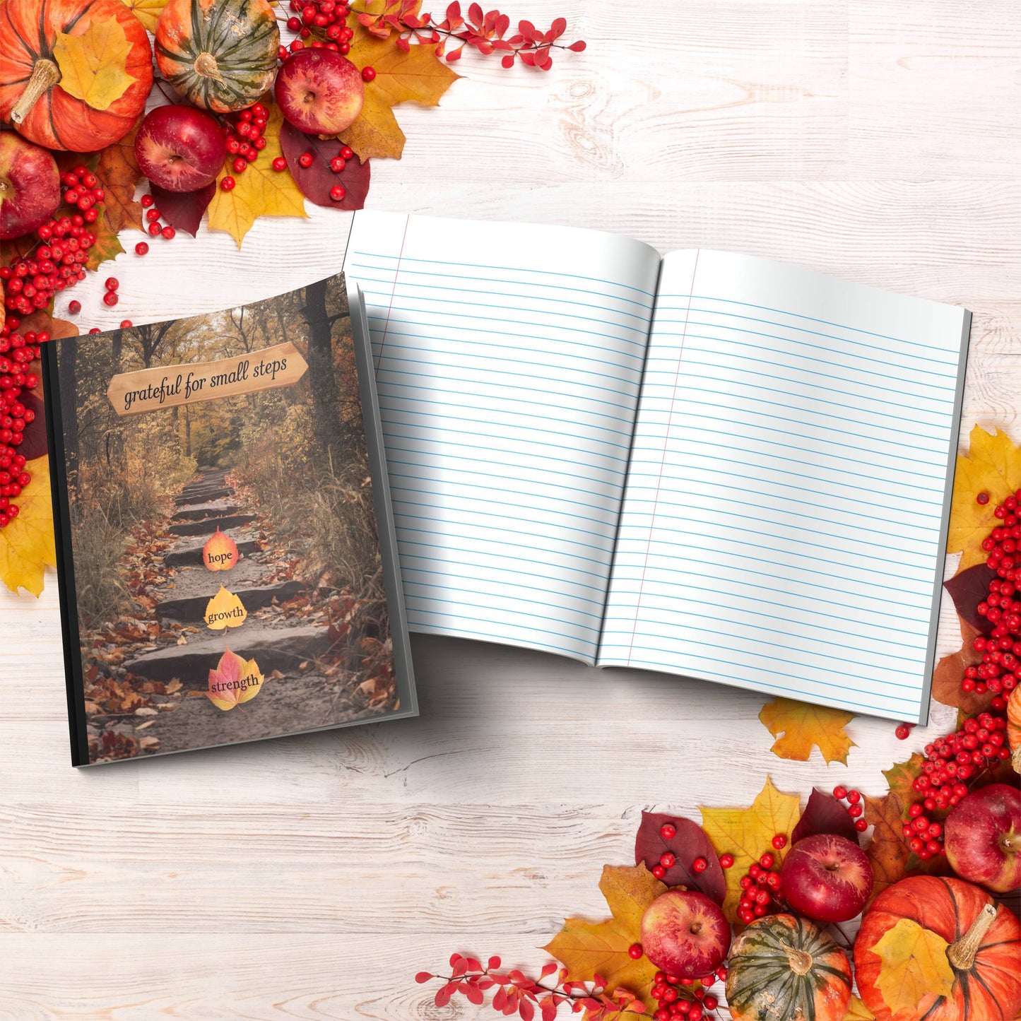 Grateful For Small Steps paperback composition notebook for gratitude journaling and reflection.