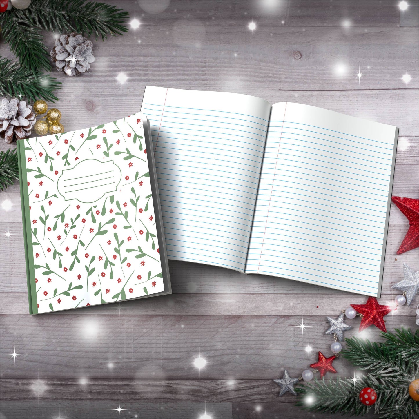 Olive & Red Trees with Snowflake Accents Paperback Christmas Composition Notebook for festive writing and holiday journaling