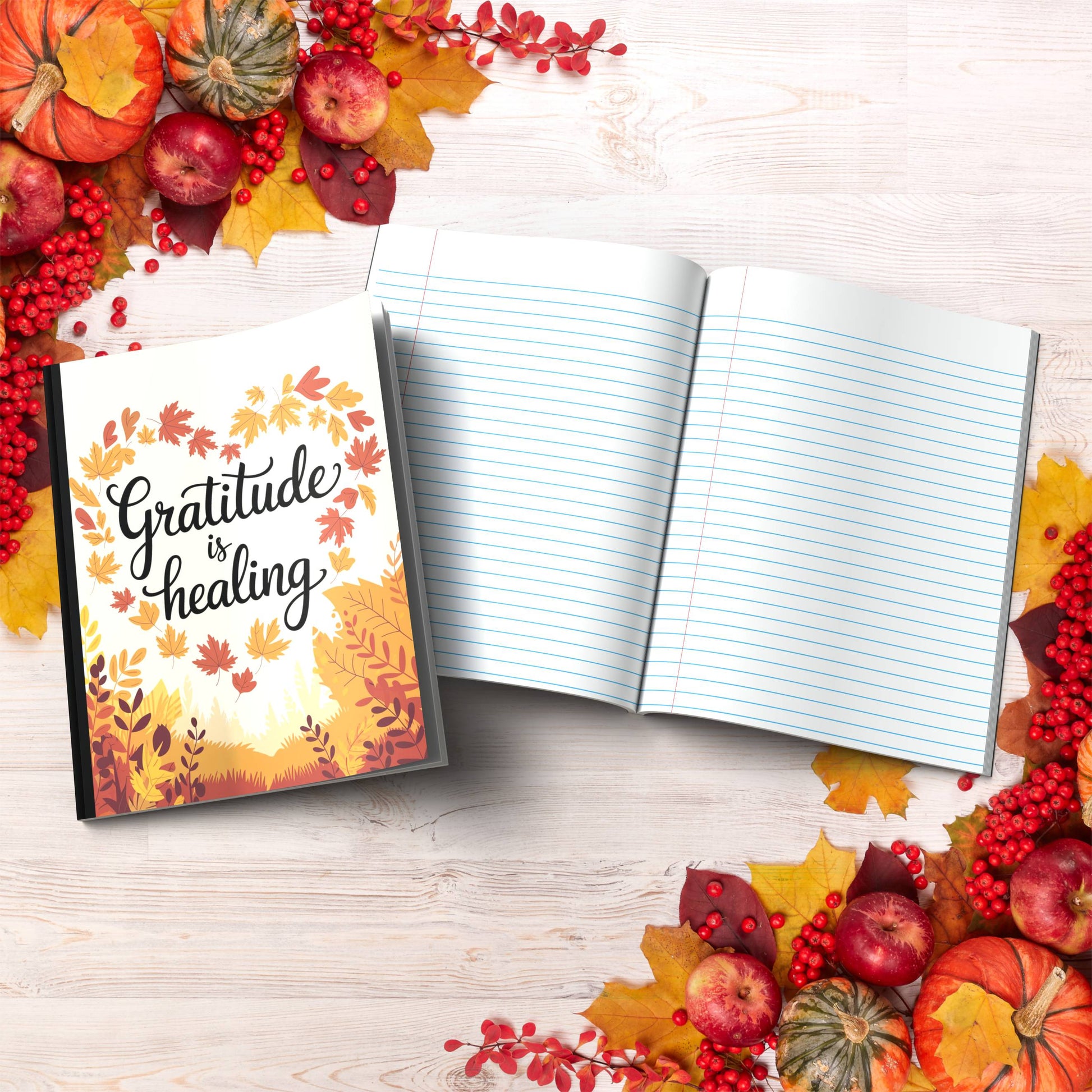 Gratitude Is Healing paperback composition notebook for gratitude, wellness, and inspirational journaling.