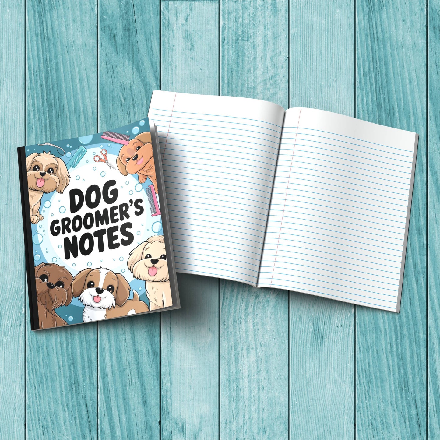 Dog Groomer’s Notes composition notebook with sturdy cardstock cover, perfect for daily journaling, therapy, and wellness writing.