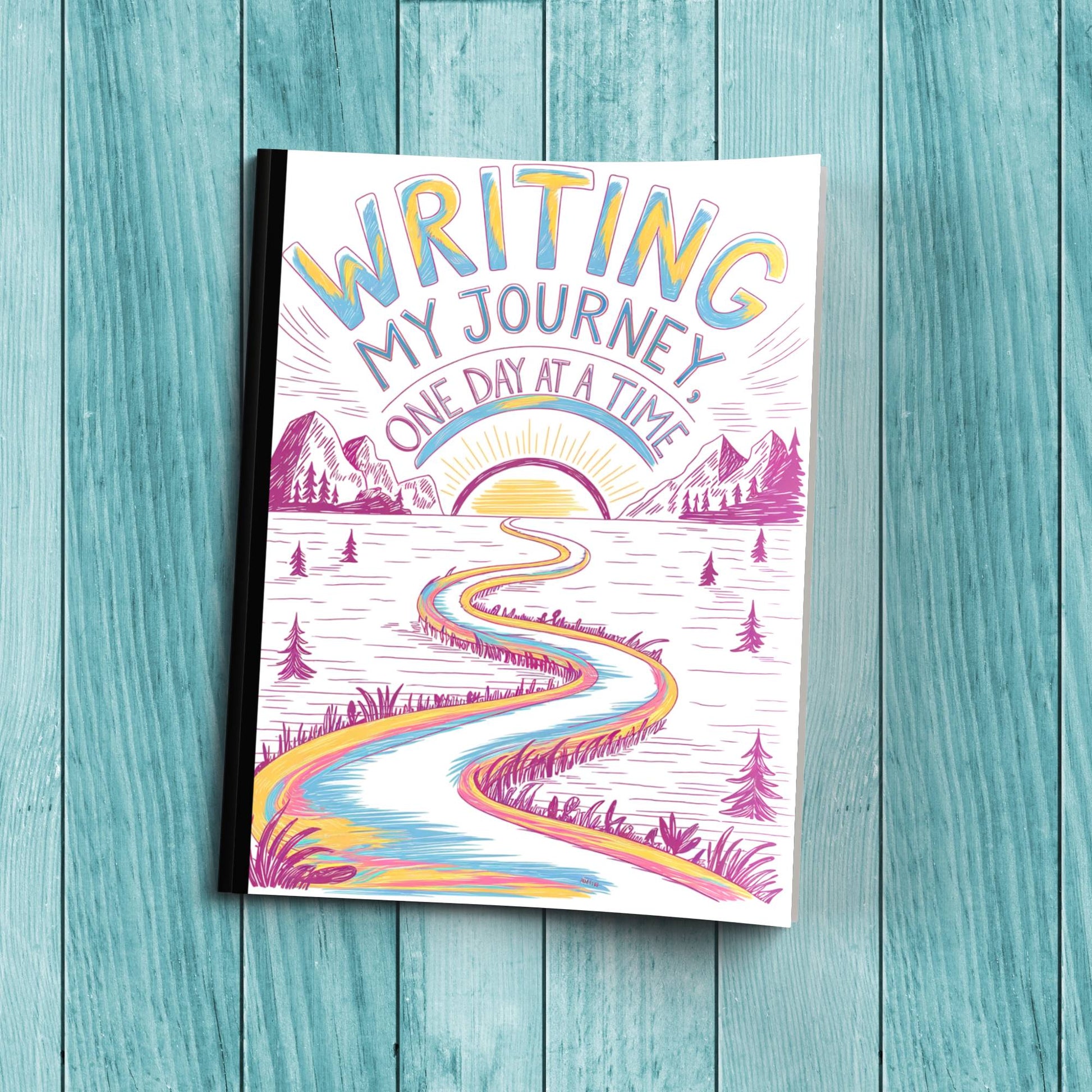 Sturdy cardstock cover Writing My Journey One Day At A Time notebook for journaling, wellness, and mindfulness practices.