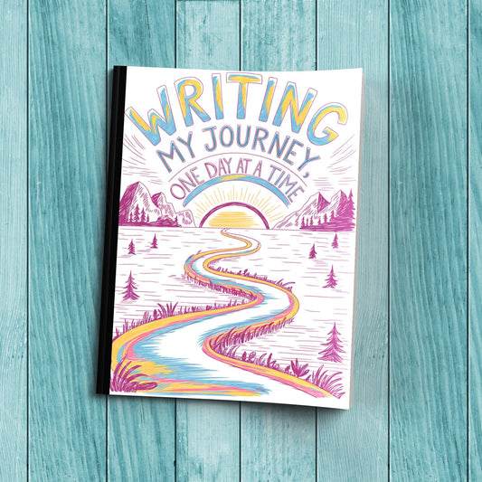 Sturdy cardstock cover Writing My Journey One Day At A Time notebook for journaling, wellness, and mindfulness practices.