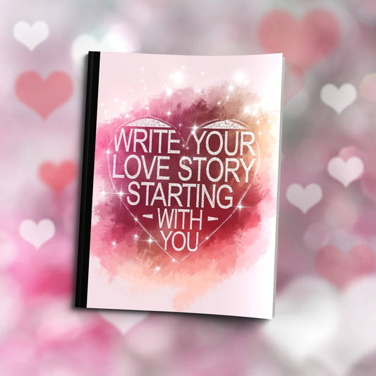 Paperback journal "Write Your Love Story Starting With You" with inspirational cover, ideal for mindfulness, journaling, and self-empowerment.
