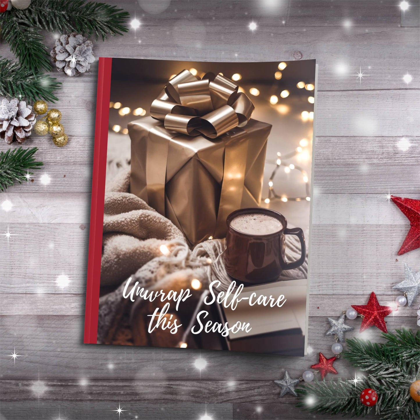 Unwrap Self-Care This Season Mindful Paperback Christmas Composition Notebook for holiday journaling and festive gifts