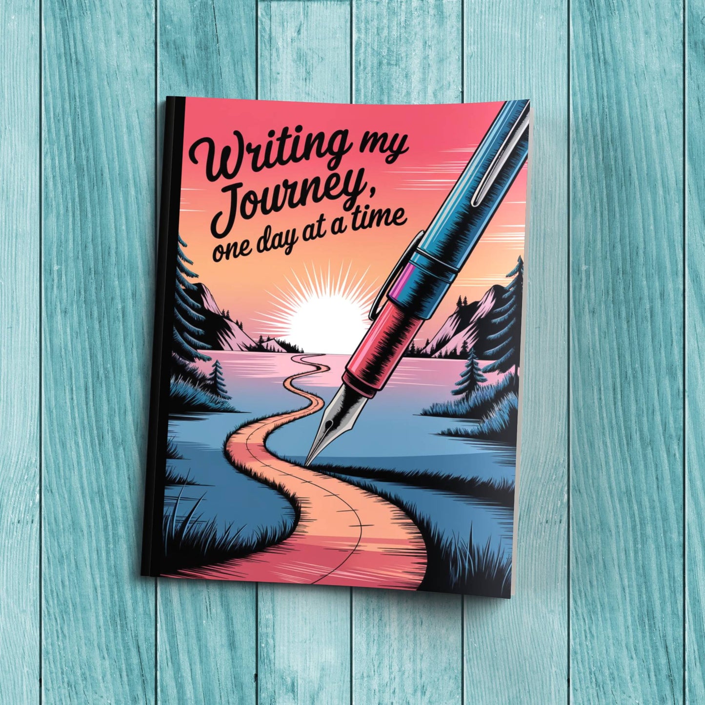 Sturdy cardstock cover Writing My Journey One Day At A Time composition notebook for self-care and daily journaling.