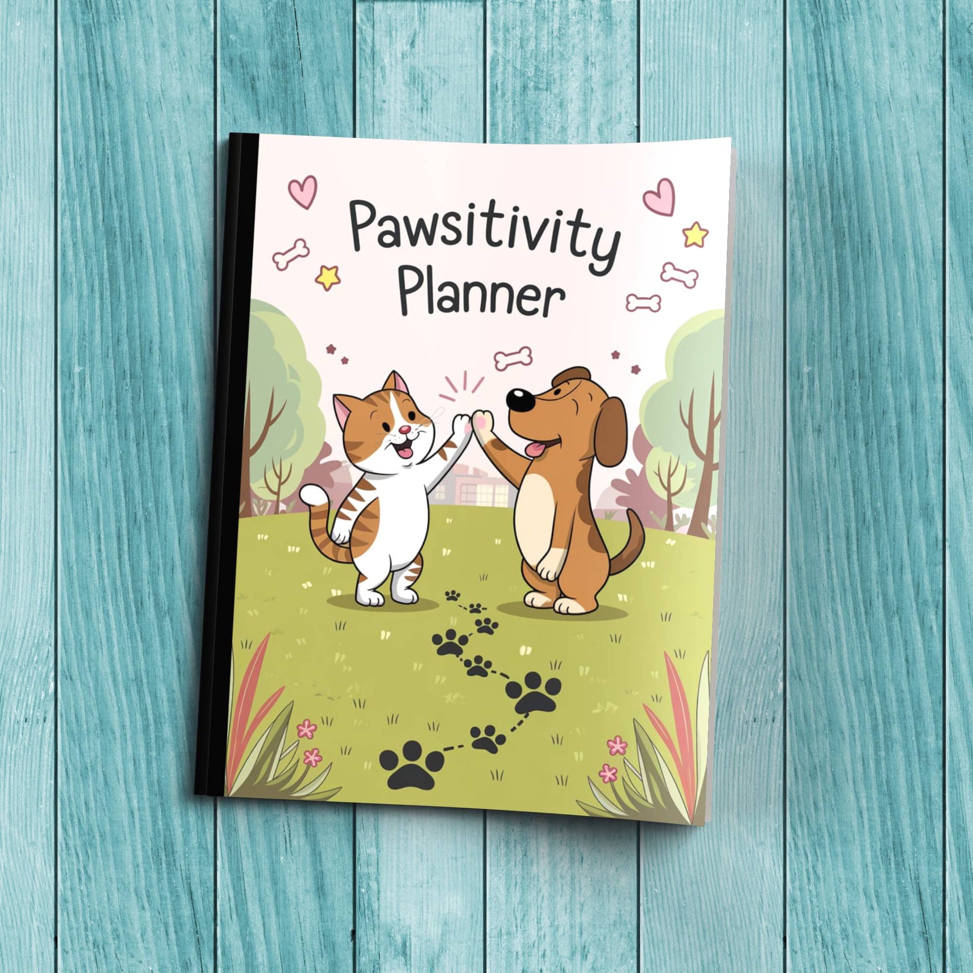 Pawsitivity Planner sturdy cardstock cover composition notebook for mindfulness and daily journaling.
