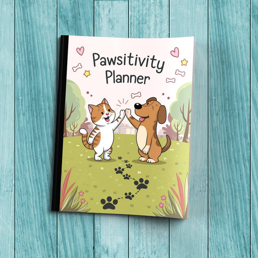Pawsitivity Planner sturdy cardstock cover composition notebook for mindfulness and daily journaling.