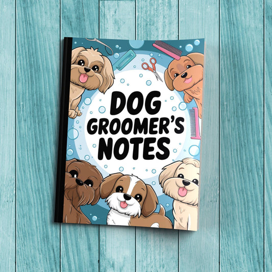 Dog Groomer’s Notes composition notebook with sturdy cardstock cover, perfect for daily journaling, therapy, and wellness writing.