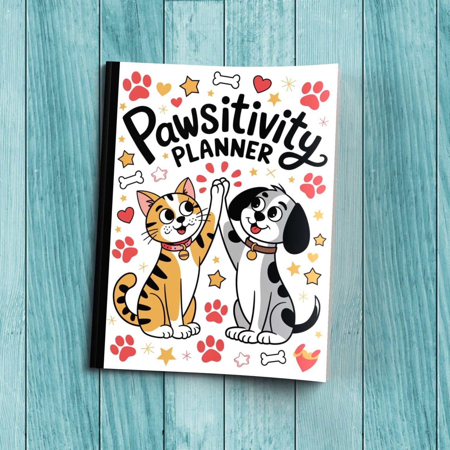 Sturdy cardstock cover Pawsitivity Planner notebook for affirmations, wellness writing, and reflections.