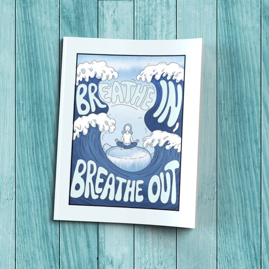 Breathe In Breathe Out composition notebook with sturdy cardstock cover, ideal for self-care journaling and mindfulness writing.