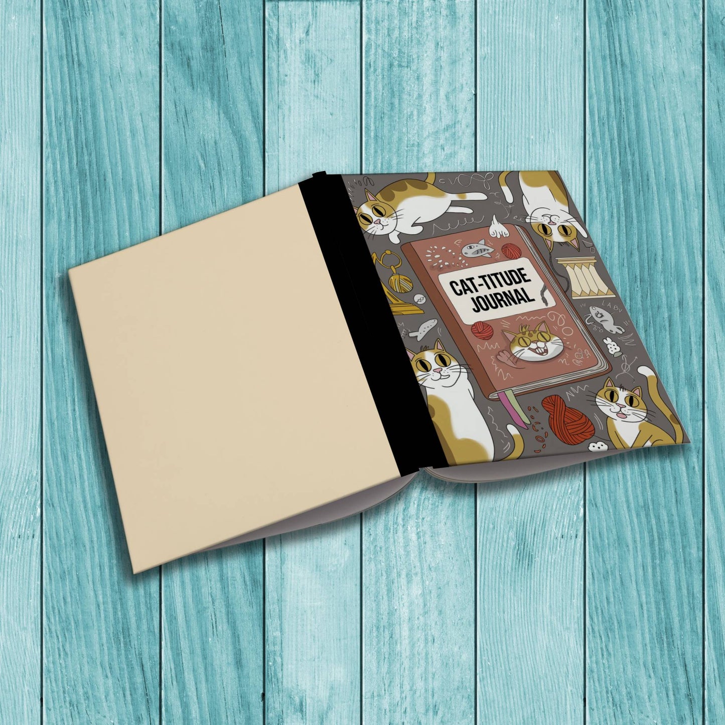 Sturdy cardstock cover Cat-titude notebook for therapy notes, affirmations, and self-care journaling.