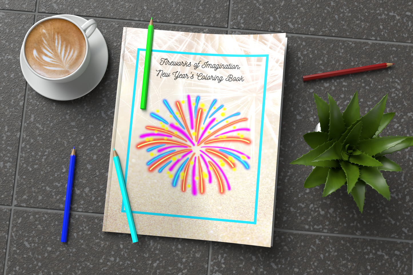 New Year coloring book with fireworks and imaginative affirmations