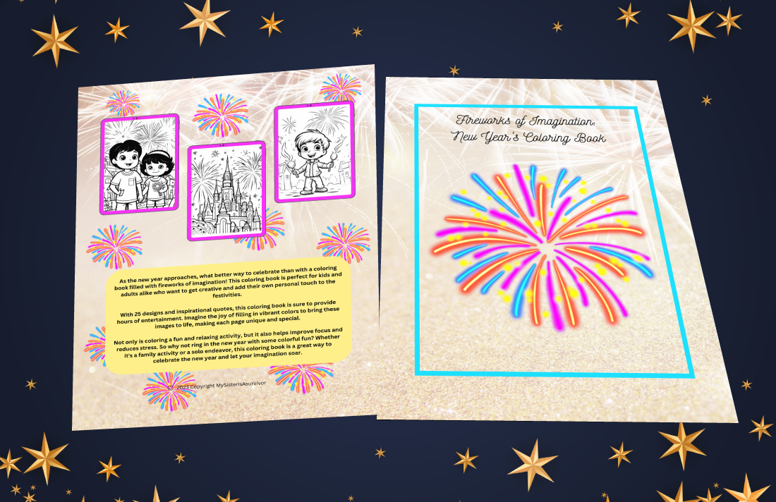 New Year coloring book with fireworks and imaginative affirmations