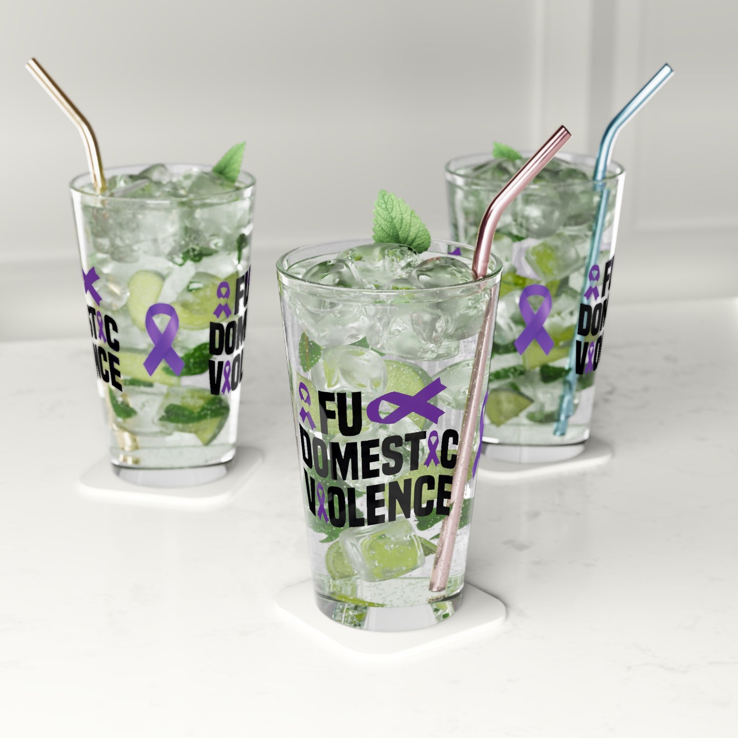 Pint glass with FU Domestic Violence message for bold DV awareness