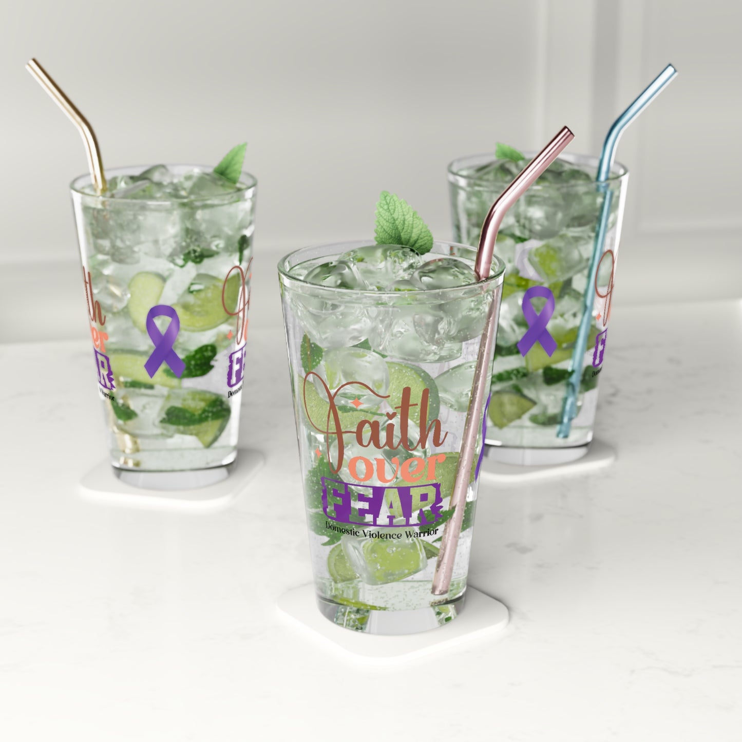 Faith Over Fear DV Warrior design on pint glass for survivor awareness