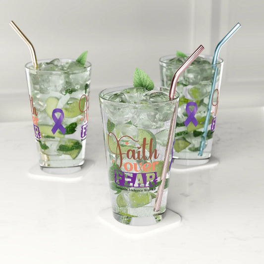Shop our premium faith over fear domestic violence warrior pint glass 16oz from MySisterIsASurvivor.