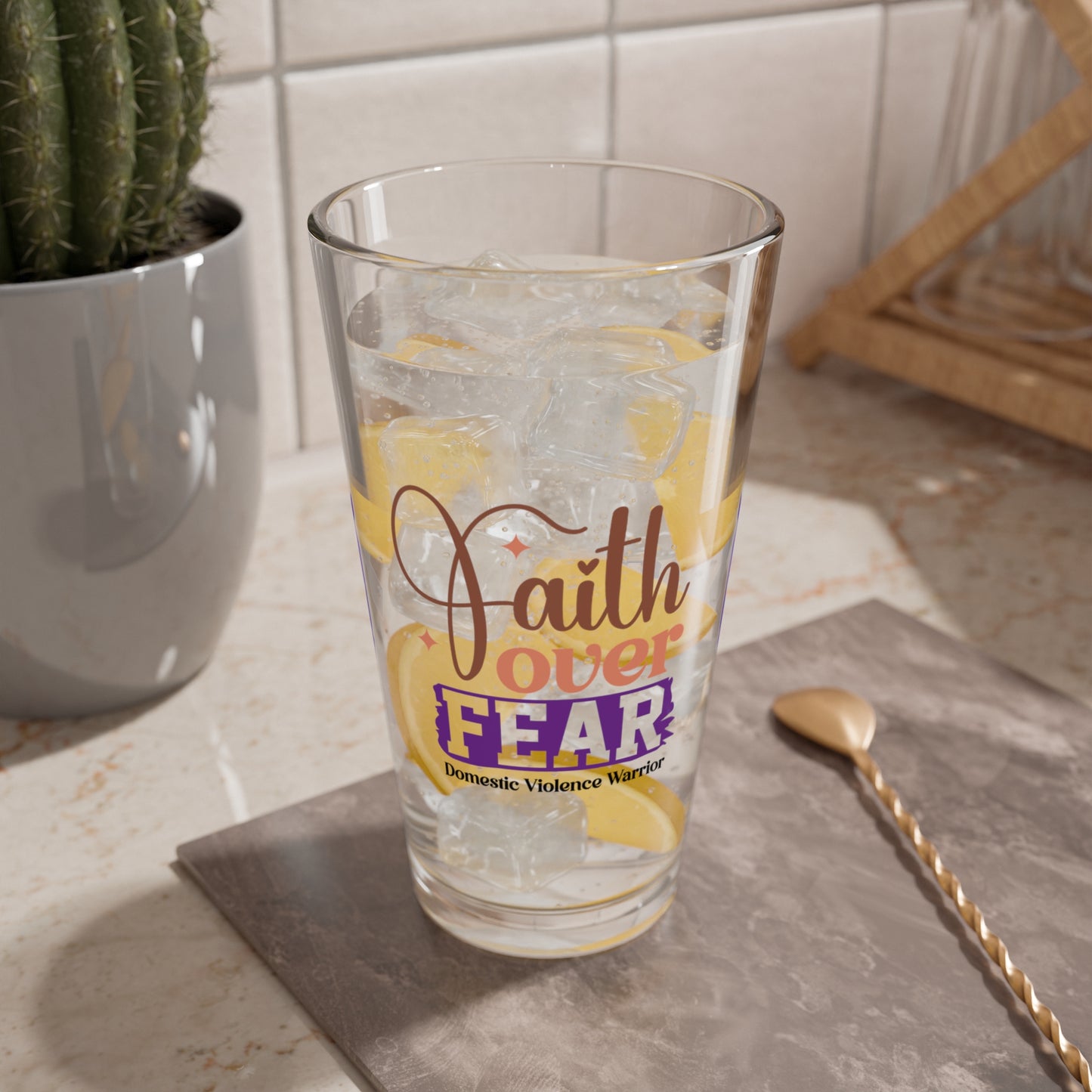 Faith Over Fear DV Warrior design on pint glass for survivor awareness