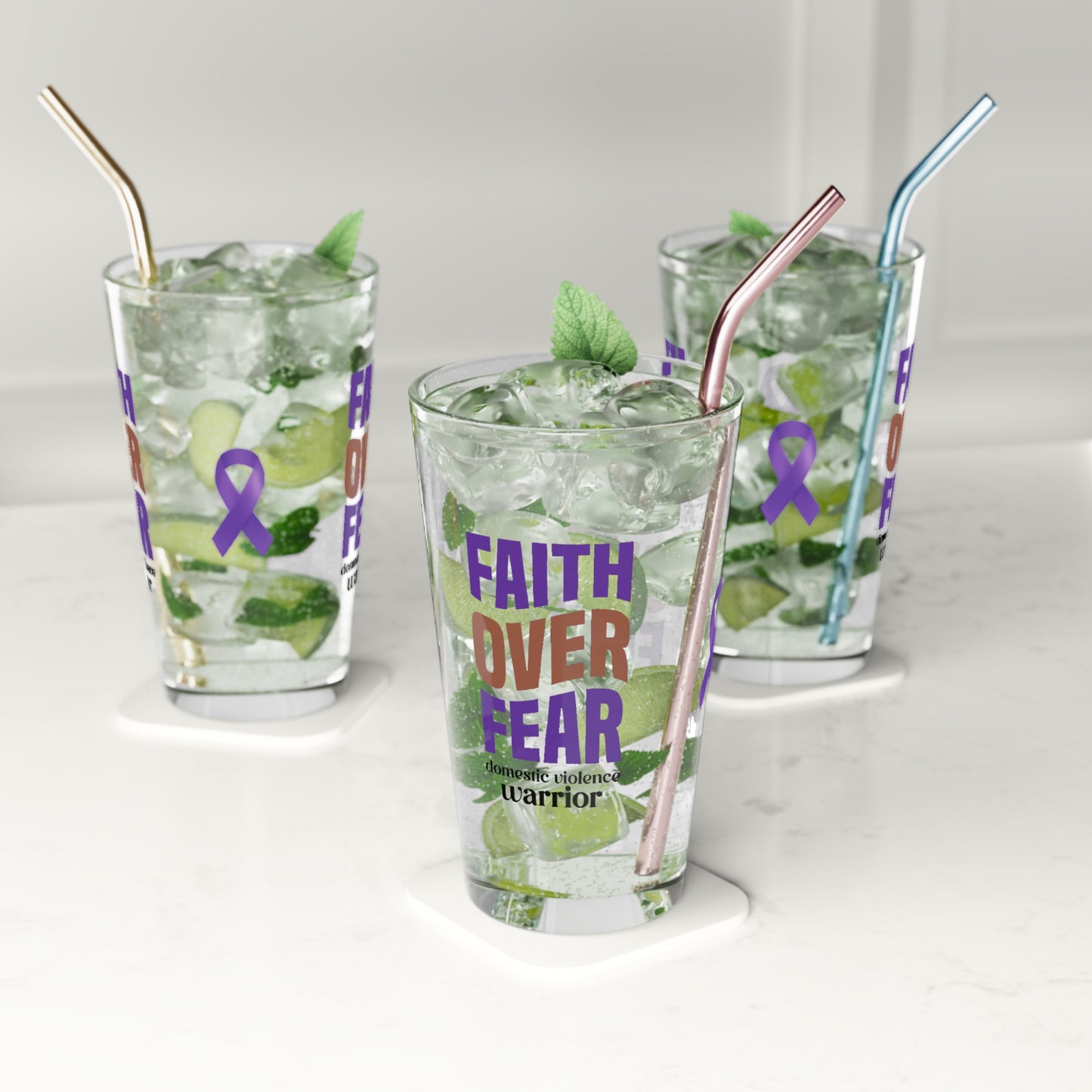Faith Over Fear Domestic Violence Warrior pint glass with inspiring message