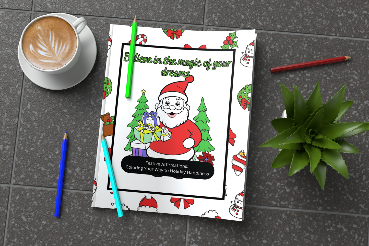 Christmas coloring book with festive affirmations and cozy art