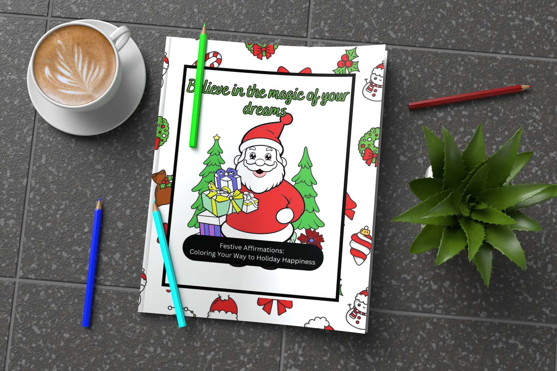 Christmas coloring book with festive affirmations and cozy art
