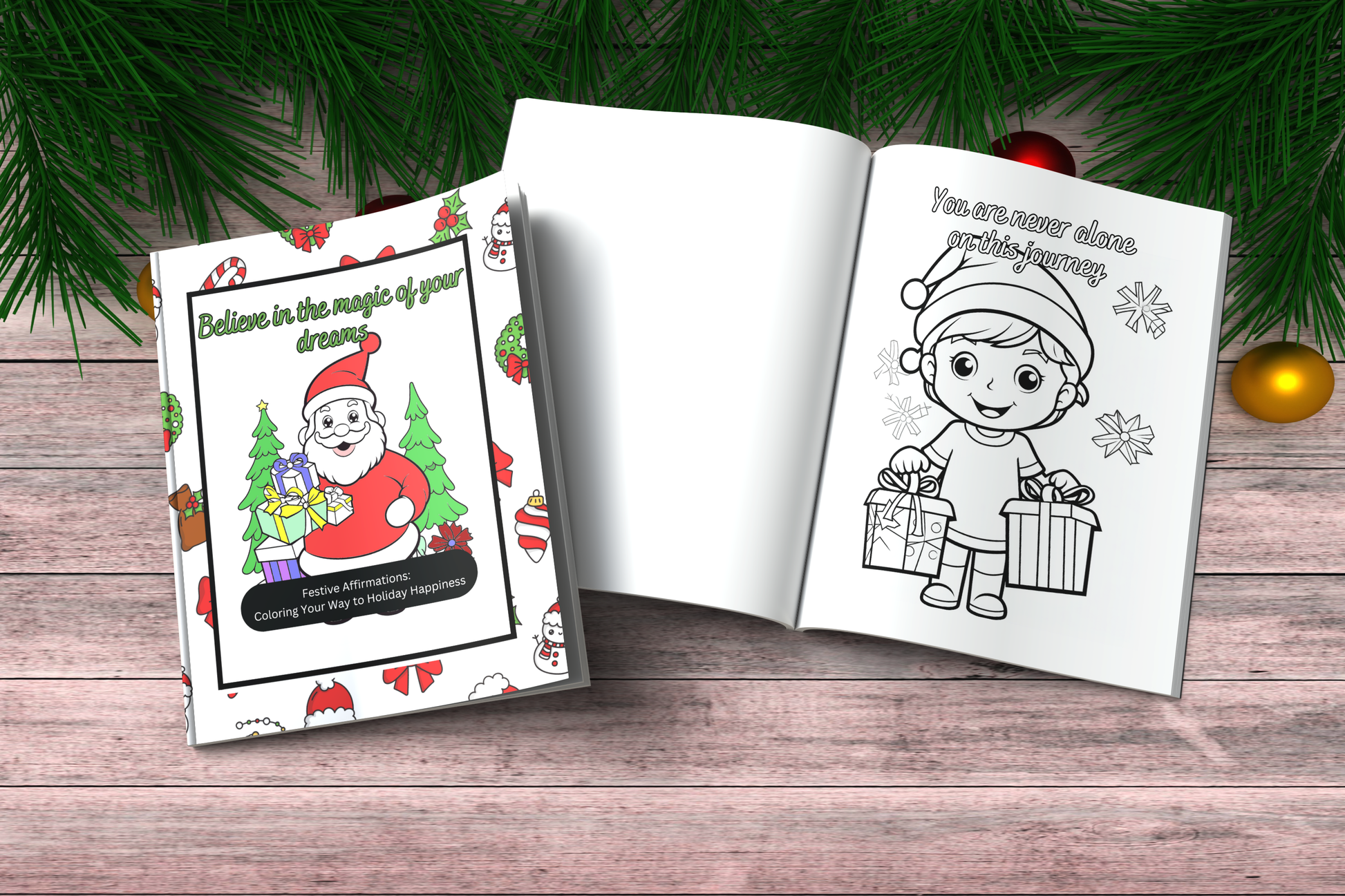 Christmas coloring book with festive affirmations and cozy art