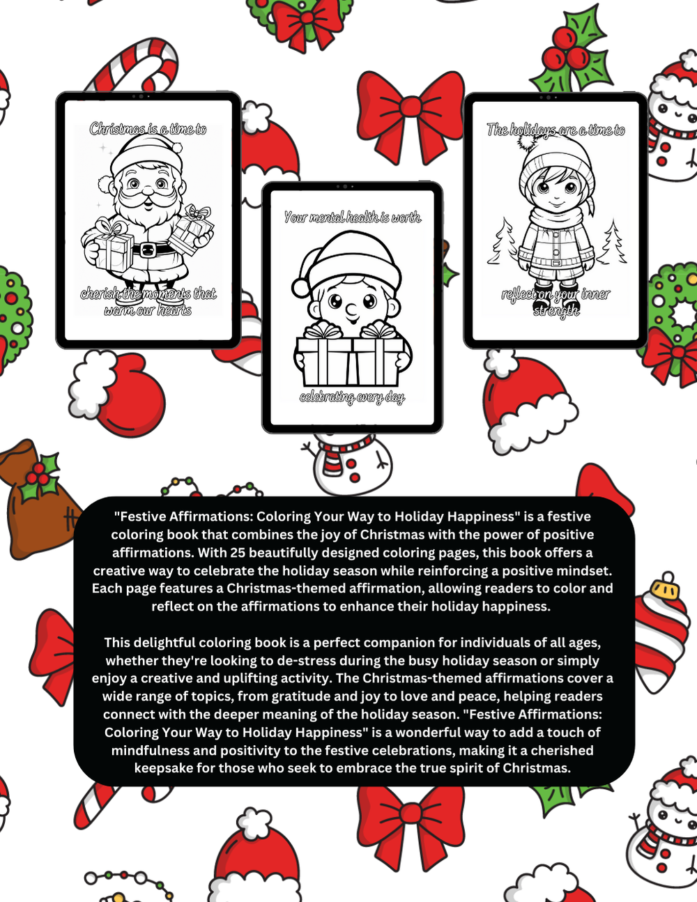 Christmas coloring book with festive affirmations and cozy art
