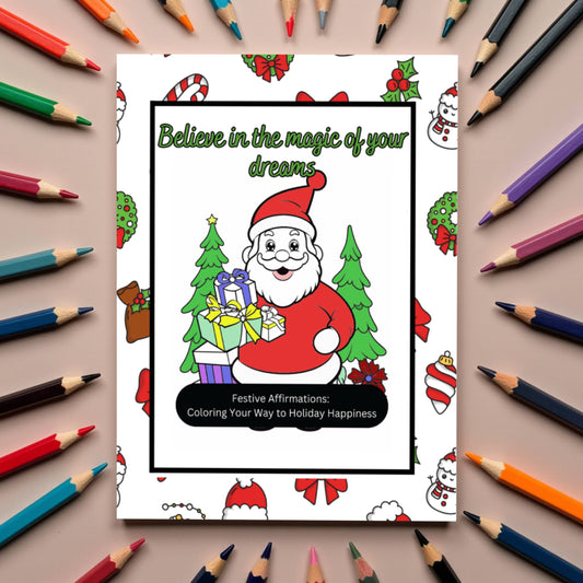 Christmas coloring book with festive affirmations and cozy art
